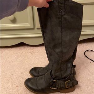 Grey Knee High Boots w/ Buckle Detail